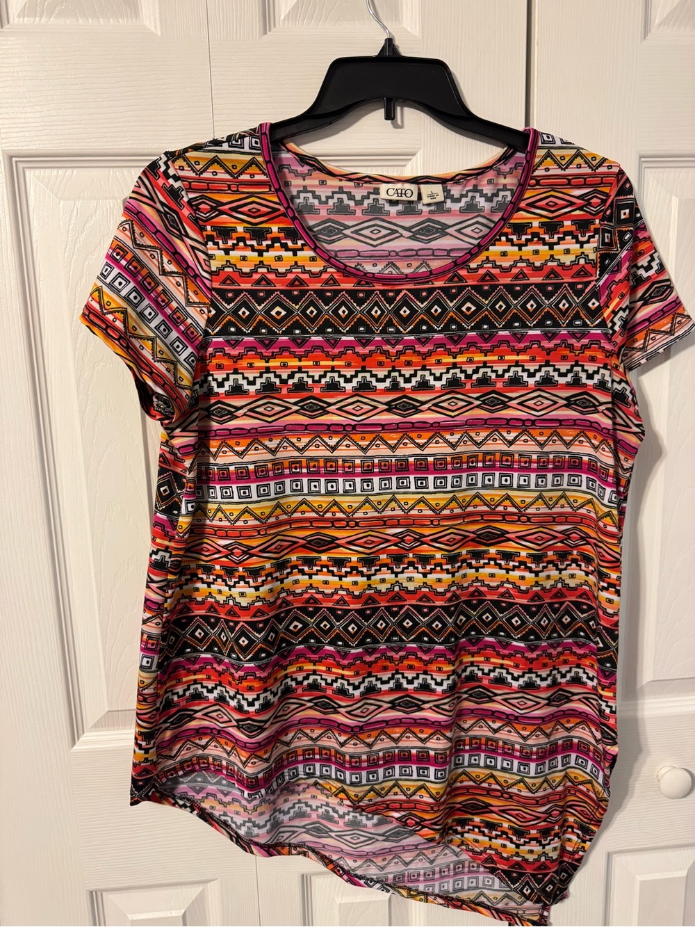 Cato Multicolor Short Sleeve Scoop Neck Top - Pink, Orange, Yellow, Black